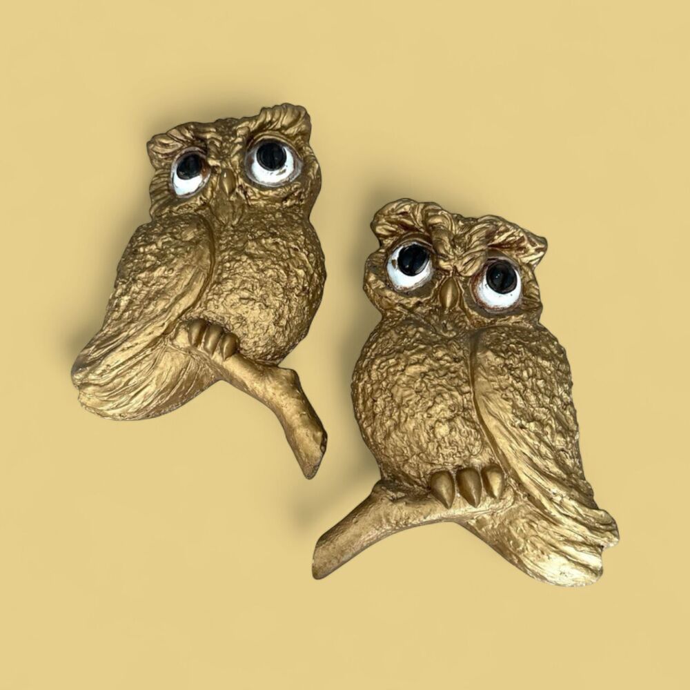 Vintage 1967 Gold Owl Wall Art Pair: Mid-Century Modern Decor